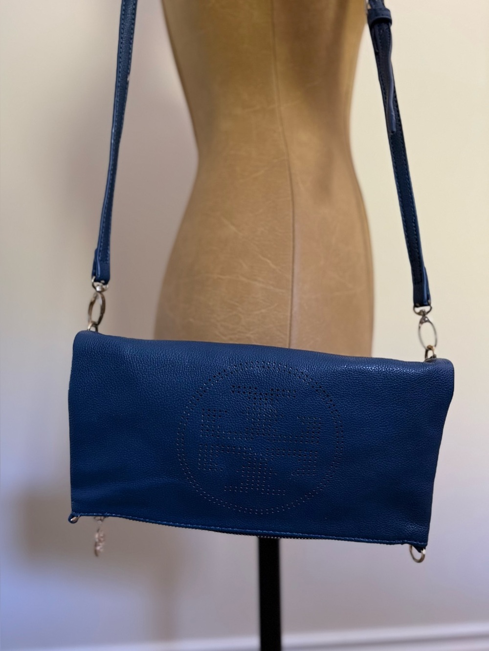 TORY BURCH Navy Perforated Logo Leather Crossbody